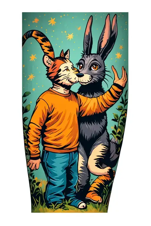 Calvin and Hobbes in a Donny darko theme sleeve tattoo design idea