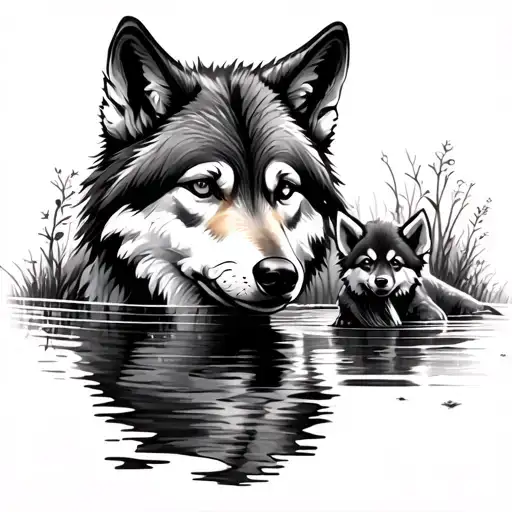 wolf looking at water seeing a wolf pup tattoo design idea