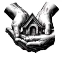 Three hands intertwined in a triangular formation (symbolizing strong unity).	•	A small house in the center (representi tattoo design idea