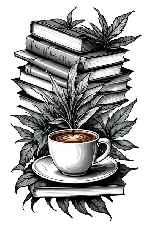 books, coffee and plants in a vertical design tattoo design idea