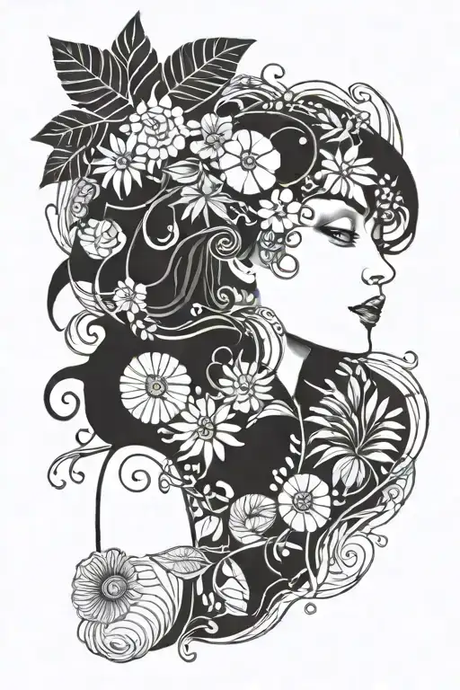 A tattoo design combining elements from Klimt's 'The Child' painting with tropical plants and shells tattoo design idea