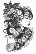 A tattoo design combining elements from Klimt's 'The Child' painting with tropical plants and shells tattoo design idea