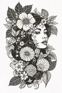 A tattoo design combining elements from Klimt's 'The Child' painting with tropical plants and shells tattoo design idea