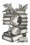 an apple and a globe near a stack of books symbolizing teaching and learning tattoo design idea
