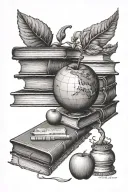 an apple and a globe near a stack of books symbolizing teaching and learning tattoo design idea