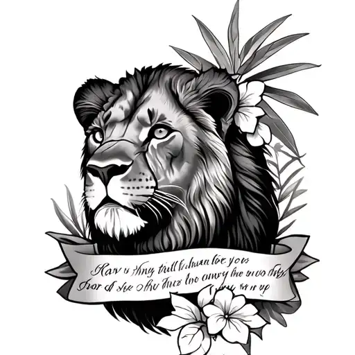 lioness with Hawaiian tribal surrounding it with a scripture tied into it leg piece tattoo design idea