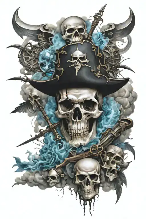 sea ​​with pirates, treasure, pistols, skulls, clouds, lightning, skeletons, storm, knives tattoo design idea
