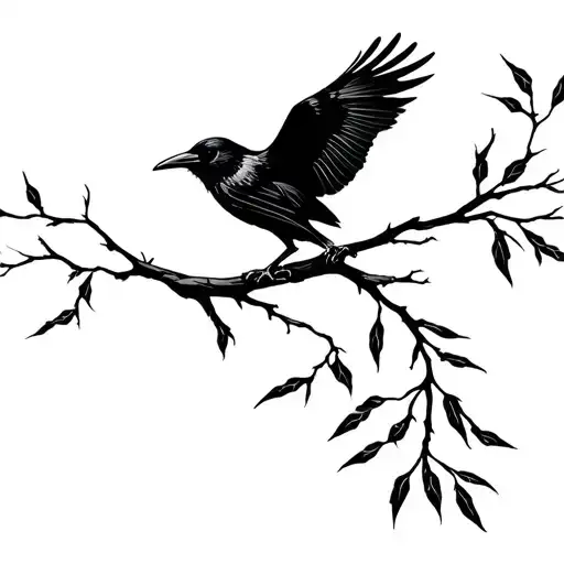 raven flying with a willow tree branch tattoo design idea