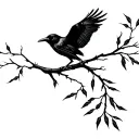 raven flying with a willow tree branch tattoo design idea