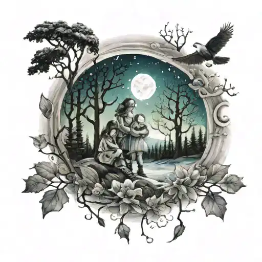 A tattoo design featuring two daughters playing in a winter woodland setting under a night sky filled with aurora borealis, surrounded by birds and nature elements tattoo design idea