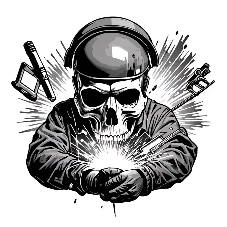 welder working overhead half skull face tattoo design idea