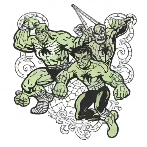 mini Hulk und Spiderman swinging tattoo design idea