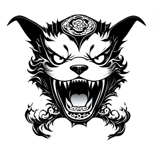 oni mask of a dog biting a teru teru bozu in japanese style tattoo design idea