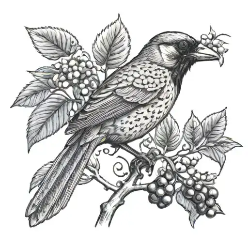red jay bird sitting on a blueberry bush singing fresh eyes tattoo design idea