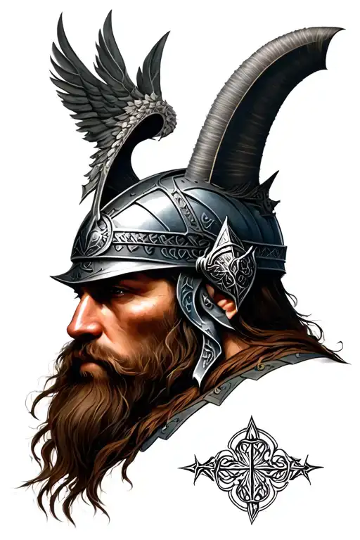 norse warrior head and symbols tattoo design idea