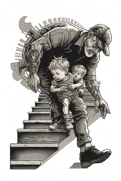 sun ray with stair case with dad holding a little kid tattoo design idea