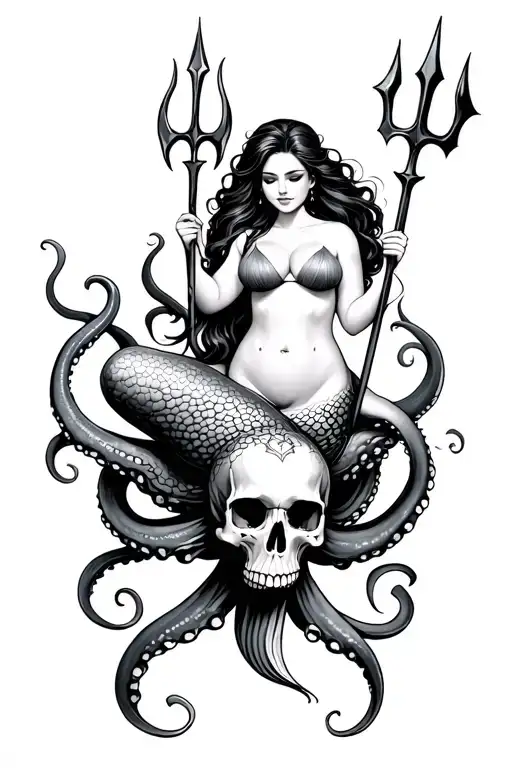 A chubby siren mermaid is sitting on an octopus/skull hybrid and is holding a trident tattoo design idea