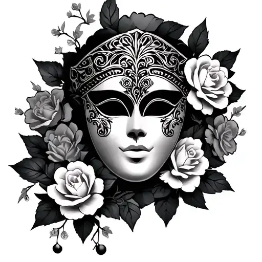 Venetian mask with roses and cherry blossoms tattoo design idea