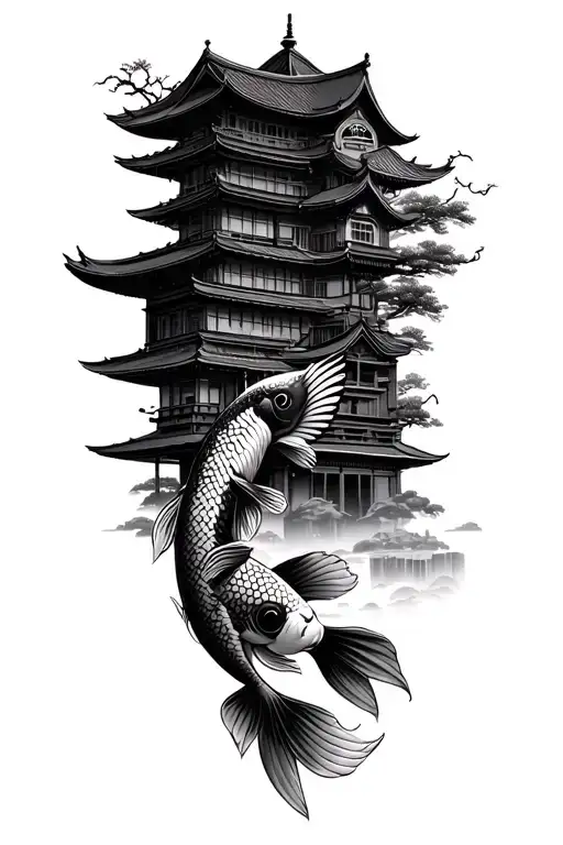 Japanese building, warrior and koi fish tattoo design idea