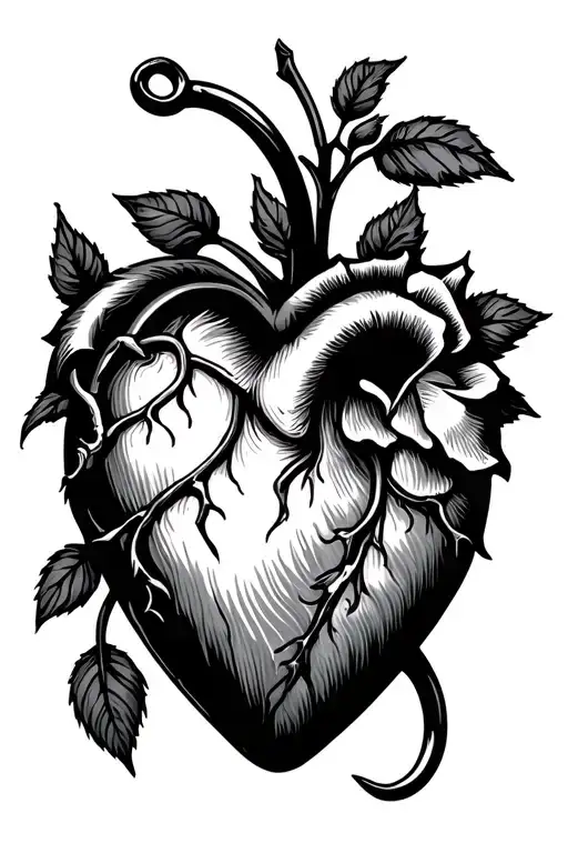 heart fishing hook rose tattoo design idea