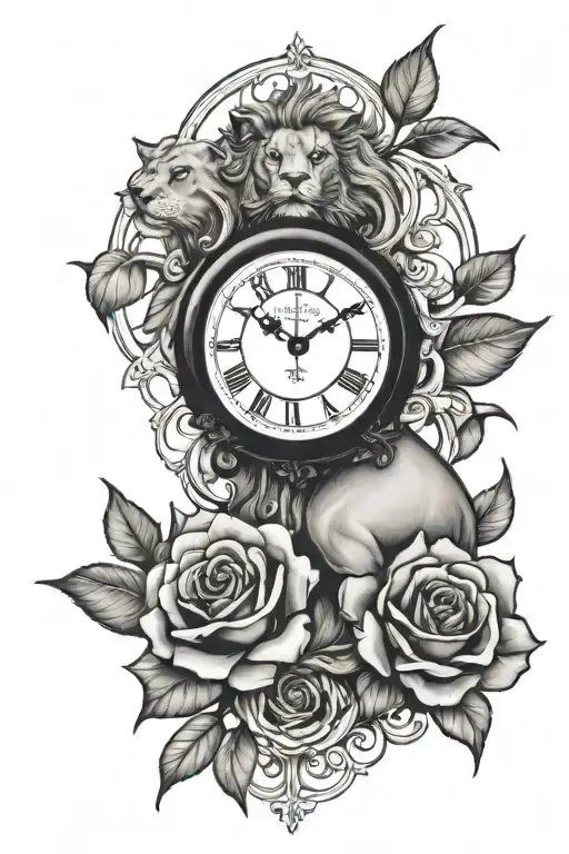 lion clock roses tattoo design idea