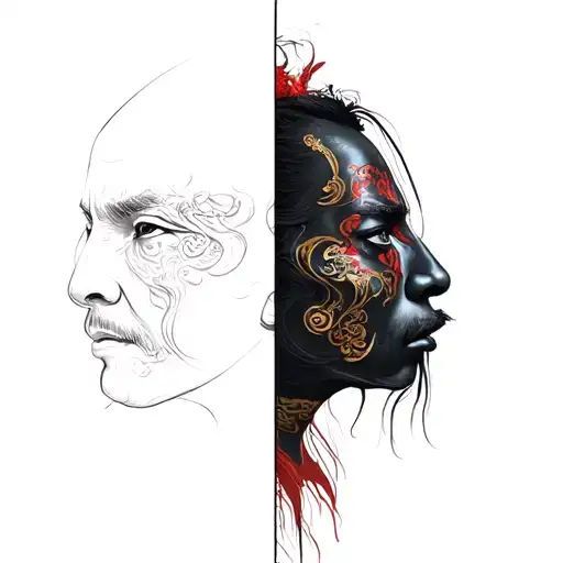 one half of face on right side and samurai paint on left side tattoo design idea
