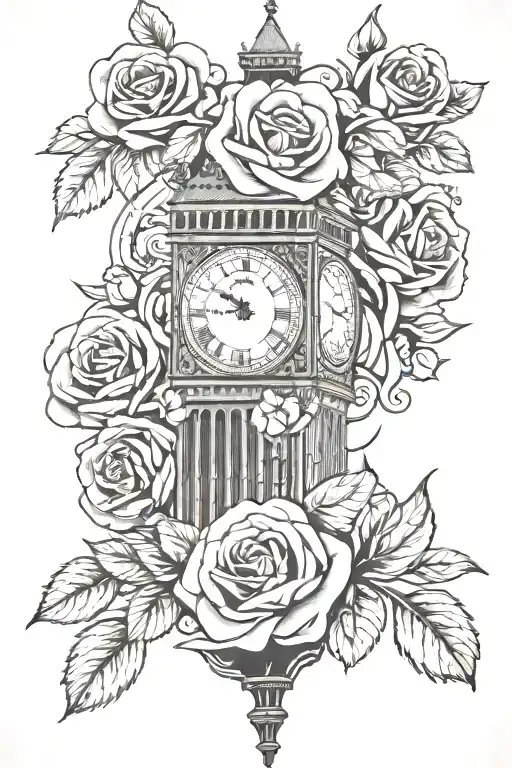 roses and big ben clock face tattoo design idea