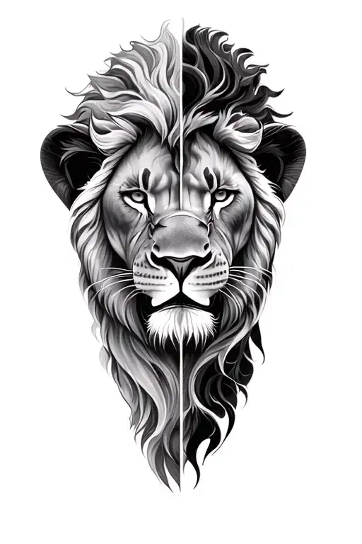 a full calf piece that represents balance and duality using lions one calm and one aggressive tattoo design idea