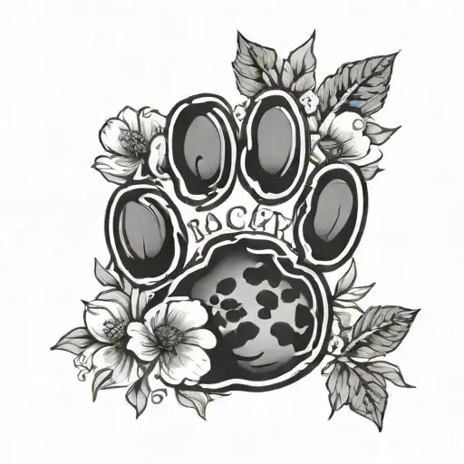 full moon of paw print with name Rocky with some small flowers  tattoo design idea
