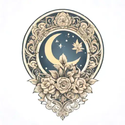 crescent moon, floral, symmetrical, art deco tattoo design idea