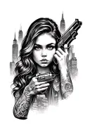 face of a girl with a pistol colt 1911, in the background a city sleeve filling the entire arm tattoo design idea