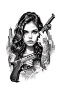 face of a girl with a pistol colt 1911, in the background a city sleeve filling the entire arm tattoo design idea