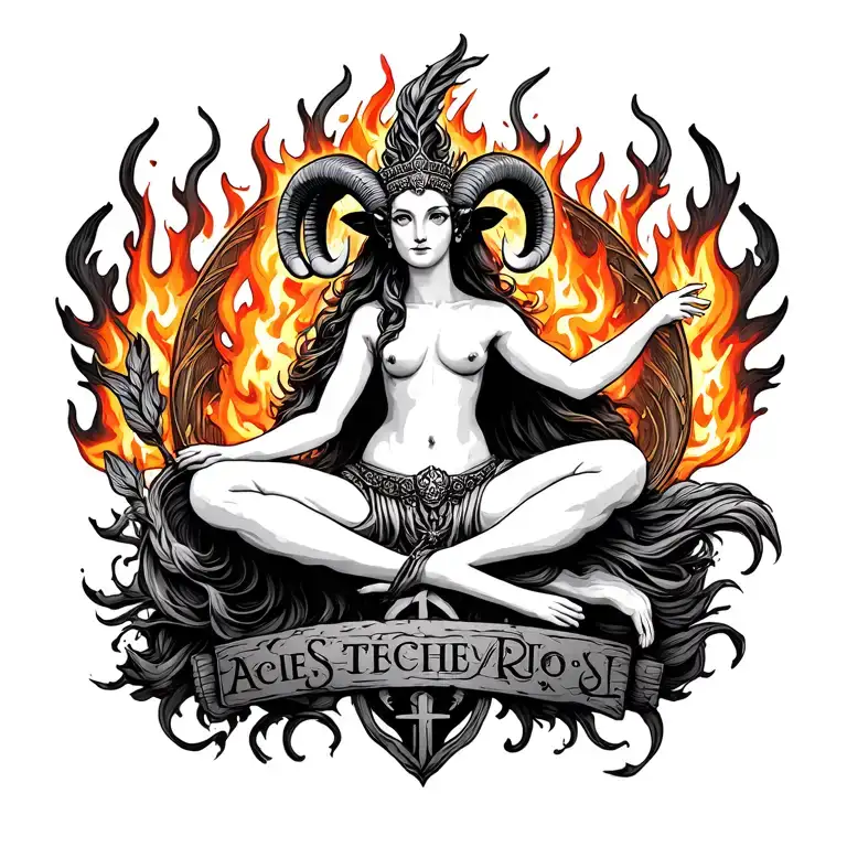 aries goddess surrounded by fire with sign incorporated and a ram tattoo design idea