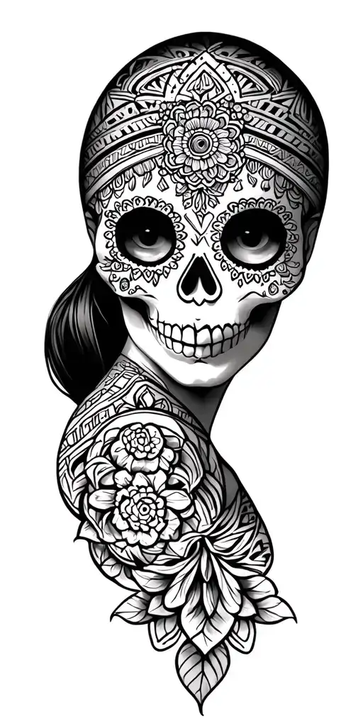 "Olivia" sugar skull, aztec geo patern tattoo design idea