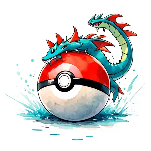 Create an image of a small Pokemon Gyarados crawling out of a pokeball and curling on top of it. The background should b tattoo design idea
