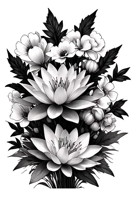 Make me a fine line minimalistic black and white bouquet with stems with these flowers: water lilly, carnations, lilly o tattoo design idea