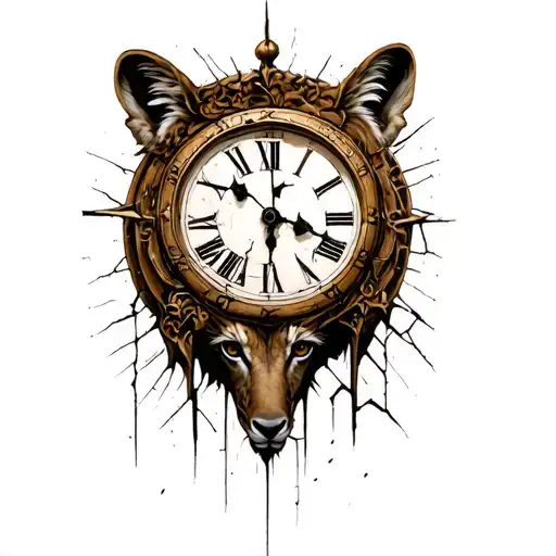 I want a head of Lyon with a broken clock above, and a savannah setting below tattoo design idea