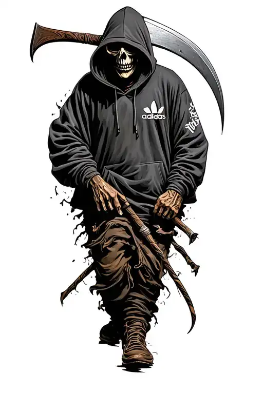 grim reaper with scythe wearing an Adidas hoody  tattoo design idea