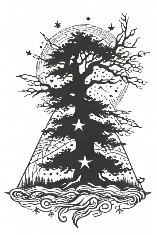 tree with rays of light or stars  tattoo design idea