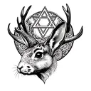 rabbit head with deer antlers and star of David statue tattoo design idea