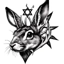 rabbit head with deer antlers and star of David statue tattoo design idea