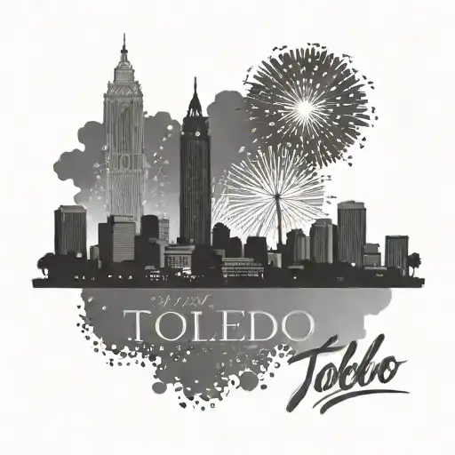 toledo ohio downtown sky line with fireworks tattoo design idea
