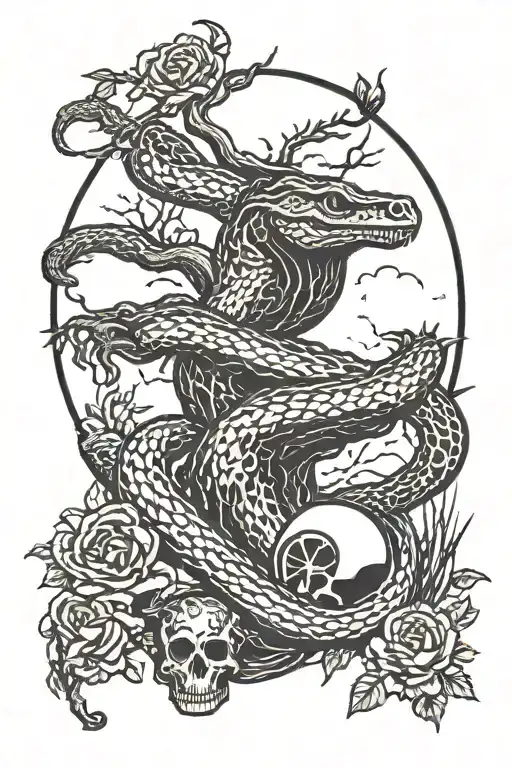 tree snake one pyramid black eagle waterfalls eyeball wheelchair sun, moon ,whale, dragon emersing, yinyang skull roses tattoo design idea