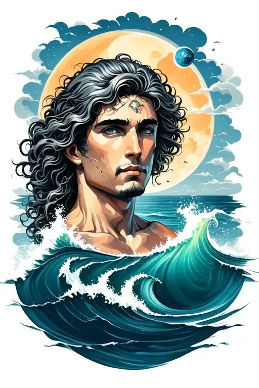 neptune above ocean tattoo design idea