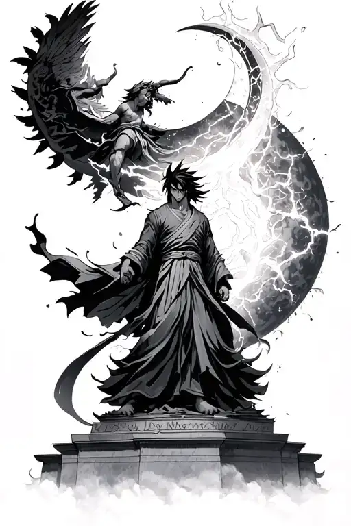 On the statue on the left. On top of it add sasuke Uchia with his lighting chakra coming out with the crescent moon abov tattoo design idea