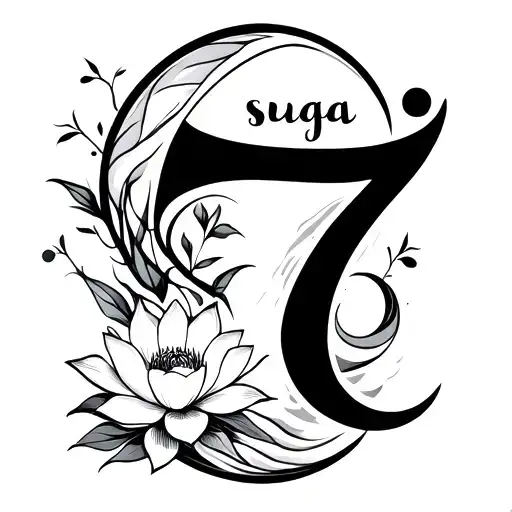 Design a hand-written left hand back shoulder tattoo To visualize the word 'suga', '7', have a lotus flower and moon tattoo design idea