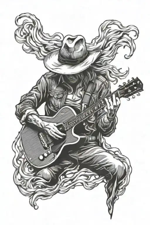 faceless cowboy  with guitar transforming raw material tattoo design idea
