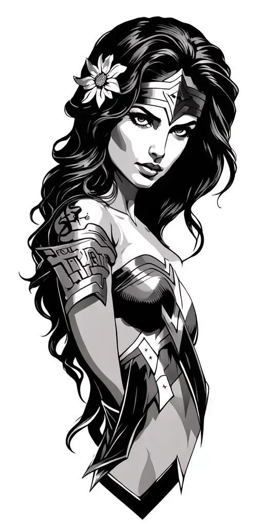 Wonder Woman, cross, Marigold and the Cosmo, the words trust, loyalty, and faith tattoo design idea