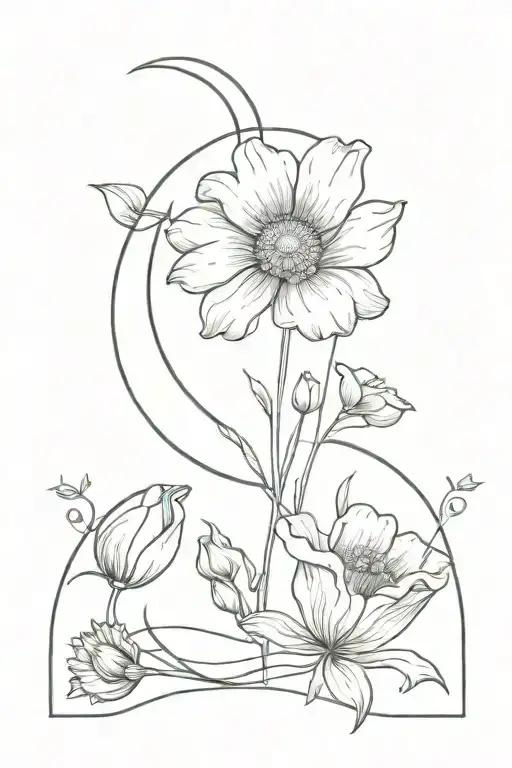 crescent moon with a daisy, sweetpea flowers and a poppy and gladiolus flower and a heart tattoo design idea