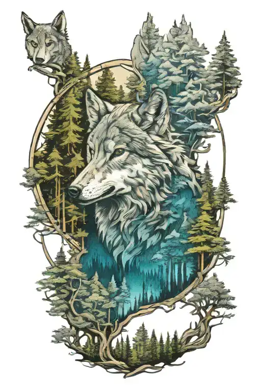 wolf in howling forest scene tattoo design idea